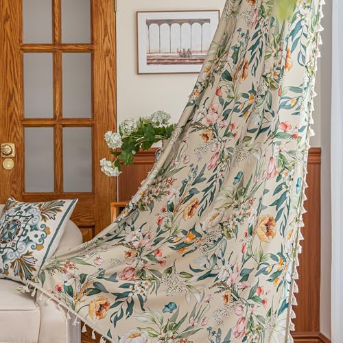 Image of Boho Floral Curtains French Country Farmhouse Curtains 54 Inches Long Light Filtering Window Rod Pocket Drapes for Living Room 2 Panels-Green Floral