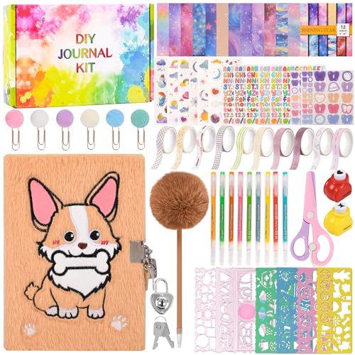 LiYiQ Plush Corgi Dog Diary Gift Travel Journal Secret Diary with Scrapbook Paper Stickers Journal Stencils Pompom Pen and Washi Tape Practical Set Gift for Birthday Christma
