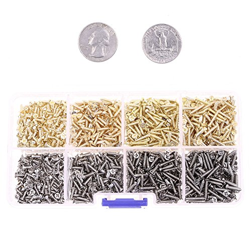 Mini Skater M2 Micro-Screws Cross Flat Head Self Tapping Wood Screws Fastener Kit and Assortment, Wooden Furniture Box Hardware Accessories (1600PCS,Golden and Silver)
