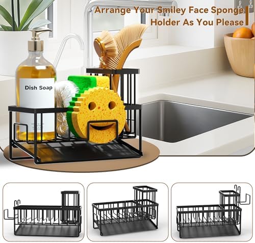 Sink Caddy Organzier, Sponge Holder for Kitchen Sink with Brush Holder and Self Drain Tray, Dish Soap Dispenser Caddy for Home Kitchen Organizers and Storage Decor Essentials Accessories