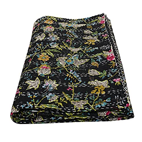 Vinsan Couvre-lit indien fait à la main en coton Kantha vintage imprimé paradisiaque, couvre-lit décoratif Gudri (lit double 152,4 x 228,6 cm, noir)