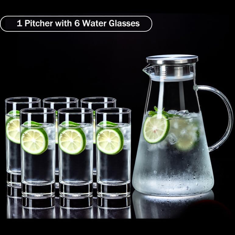 Image of bellemax Premium Water and Juice Glasses Set of 6 and Borosilicate Glass Jug Set Combo,(6 PC Glasses 300ML and 1 Water Jug 1.8 Liter), Transparent, Glass and Jug Set for Dining Table (Traditional- B)