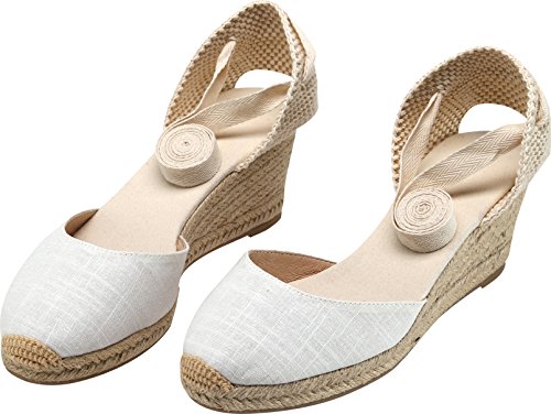 U-Lite Womens Espadrille Wedge Sandals Closed Toe Platform Lace Up Ankle Strap Slingback Summer Dress Shoes White Canvas-2.5" 6 #TOP3