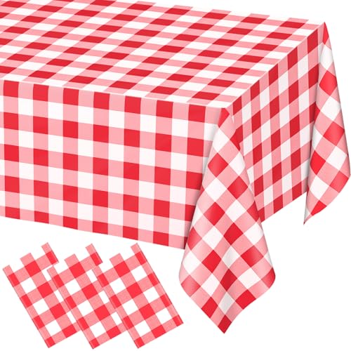 Image of WNINK 3 Pack Red Gingham Tablecloth Rectangular Red and White Checkered Tablecloths Disposable Plastic Red Plaid Table Cover for Parties, Christmas, Outdoor Picnic, Birthday, Wedding, Camping 54 x 108
