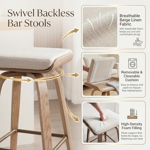 Image of HNY 26 inch Swivel Bar Stools Set of 2, Backless Counter Height Bar Stools with Removable Linen Cushion, 360 Swivel Wooden Saddle Stools with Footrest for Kitchen Island, Home Bar & Small Spaces