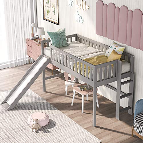 Merax Twin Size Loft Bed Wit Slide for Kid Wooden Low Loft Bed with Ladder for Living Room.Bedroom,Gray Bed Frame
