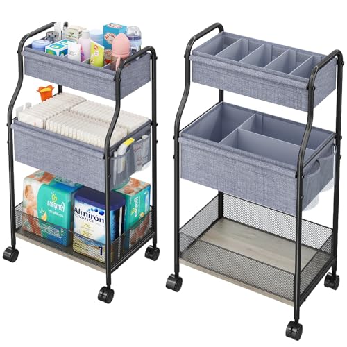 Image of 3-Tier Baby Diaper Caddy Organizer and Storage Cart with 4+2 Dividers, Mobile Metal Utility Cart with Rolling Wheels for Nursery Essentials, Large Capacity Rolling Carts for Crib, Bedroom, Bathroom