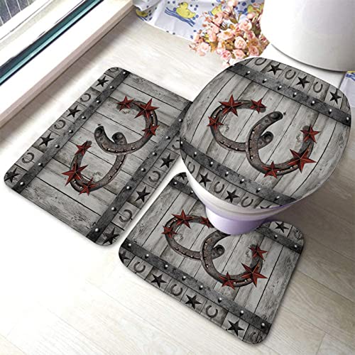 Badezimmerteppich-Set, 3-teilig, rustikaler Holz-Texas-Stern, rostiges Hufeisen-Bauernhaus-Planken-Western, Badematten-Set, WC-Konturenmatte, Deckelbezug, rutschfeste Bodenmatten