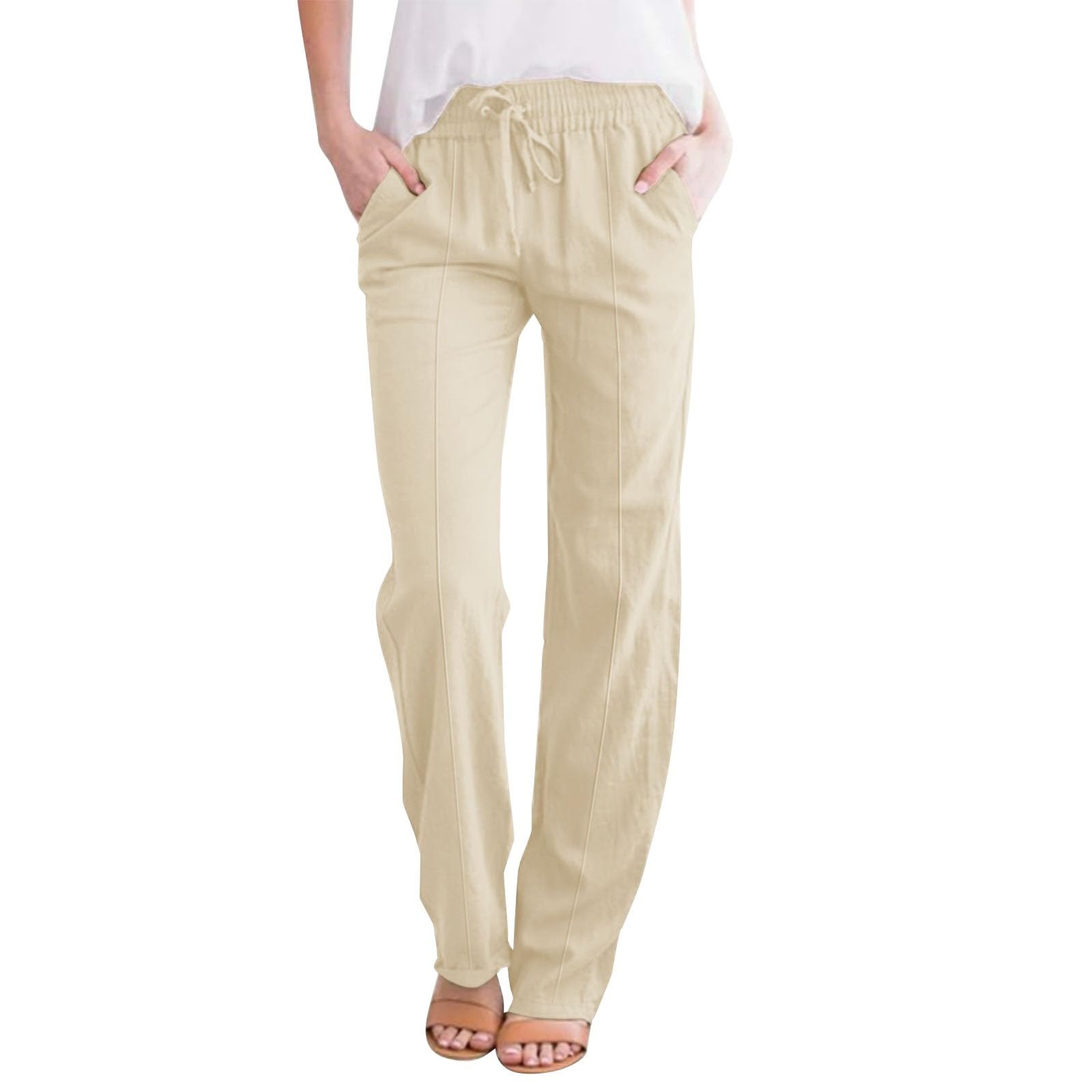 Linen Cotton Pants Women 2025 High Waisted Elastic Solid Trousers Palazzo Baggy Wide Leg Spri