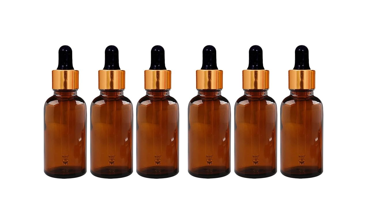 30 ml Amber Round Empty Glass Bottle/Glass Dropper/Golden Ring/Black Silicone Teat, Refillable, Reusable, For Essential Oils, Blends, Diy Perfumes Pack of 6-image-40