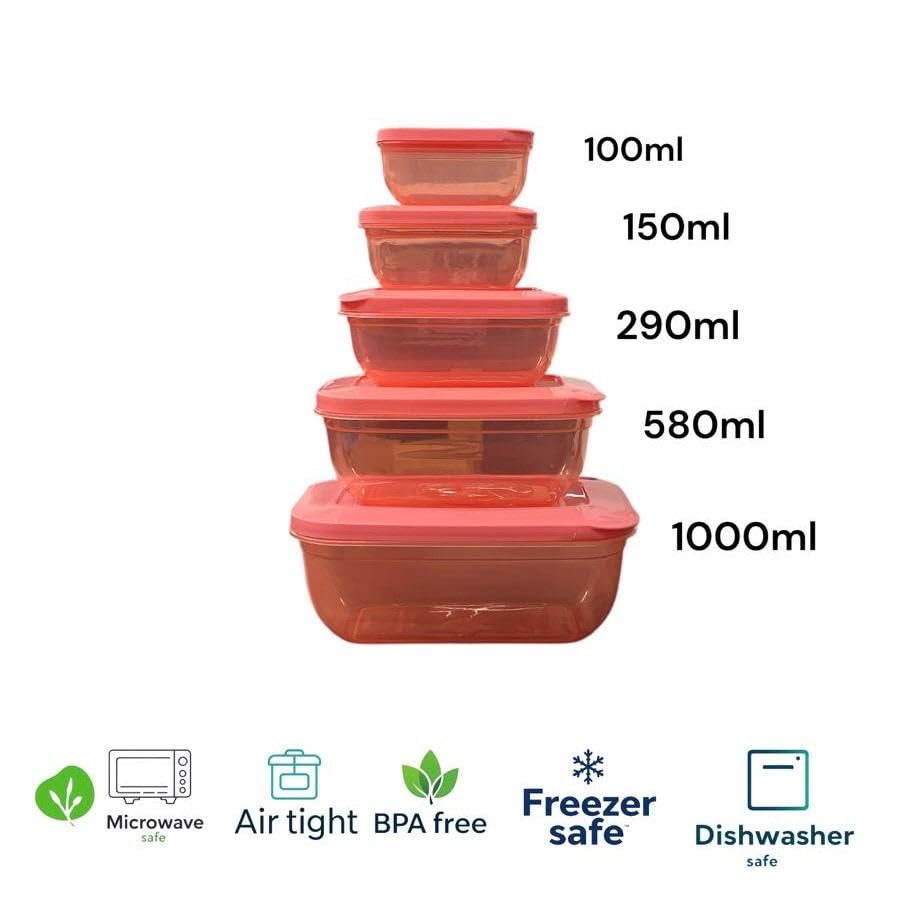 Image of CSM 5+5 Rectangular Plastic Food Storage Container with Air Tight Lid Kitchen Container Meat Box Fridge and Freezer Storage Boxes Bowl - 100ml, 150ml, 290ml, 580ml, 1000ml, 10 Pcs, Clear