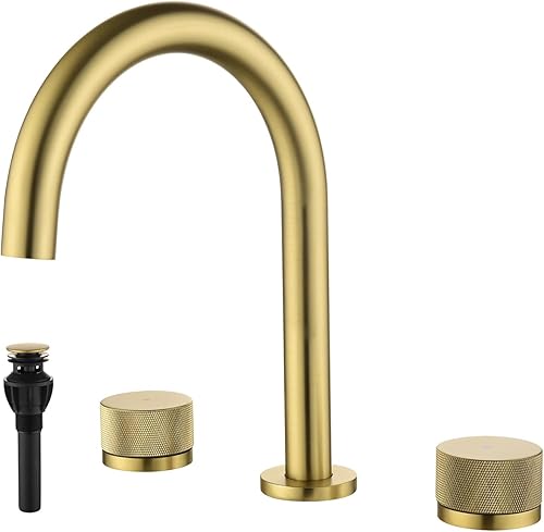 Grifo de baño de cuello de cisne de 8 pulgadas con dos manijas mezclador de lavabo con desperdicios emergentes cepillado dorado