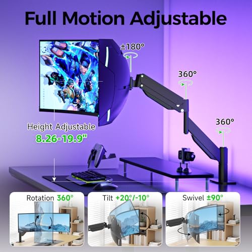 Image of Suptek Single Monitor Arm for 27-49 Inch Ultrawide Large Screen Monitors, Gas Spring Desk Mount with Tilt Swivel, VESA 75 /100, Supports 48.5 lbs, Clamp & Grommet, MD71PRO