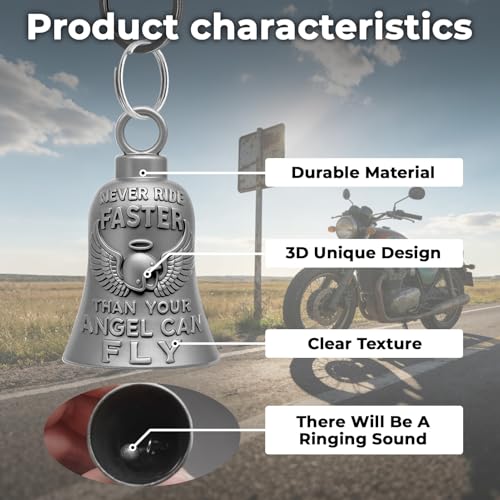 Image of Guardian Angel Motorcycle Bell Biker Luck Gremlin Bells for Motorcycles Riders with Motorcycle Bell Hanger, 2 Key Chain Ring Accessories, Velvet Pouch