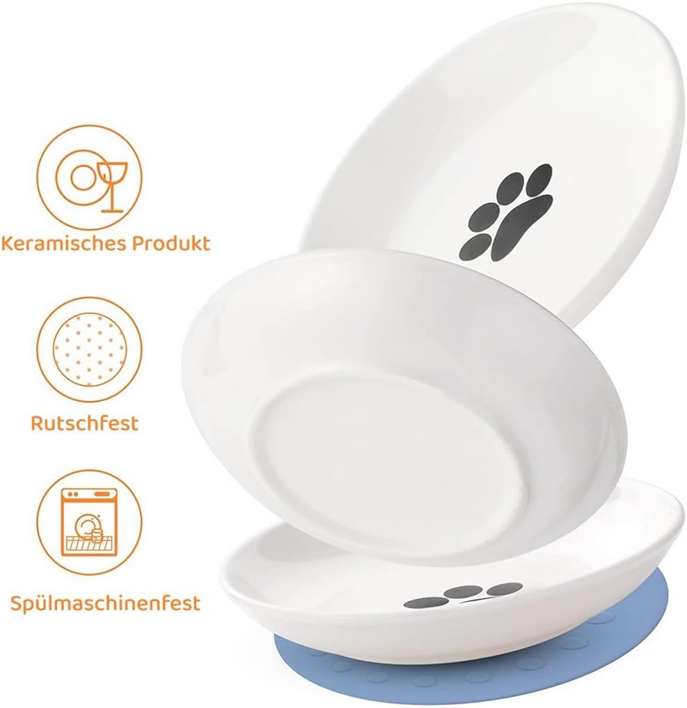 Ceramic Cat Food Dishes: Wide Shallow Bowls for Whisker Fatigue Relief, Non-Slip Mats for Cats and Kittens