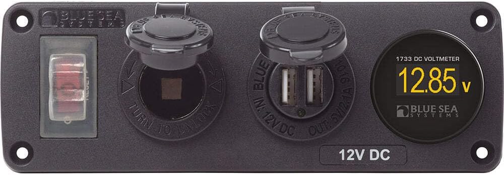 4366 Water-Resistant Accessory Panel with Circuit Breaker, 12V Socket, Dual USB Charger, Mini Voltmeter, Black