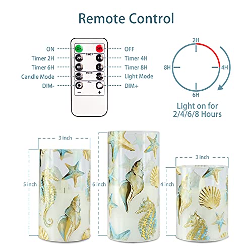 Revelbunny Ocean Theme Led Candles, Battery Operated Flameless Candles Flickering With Remote Control And Timer, Real Wax Pillar Glass Candles For Home Party Wedding Christmas Decor, Set Of 3 #TOP3