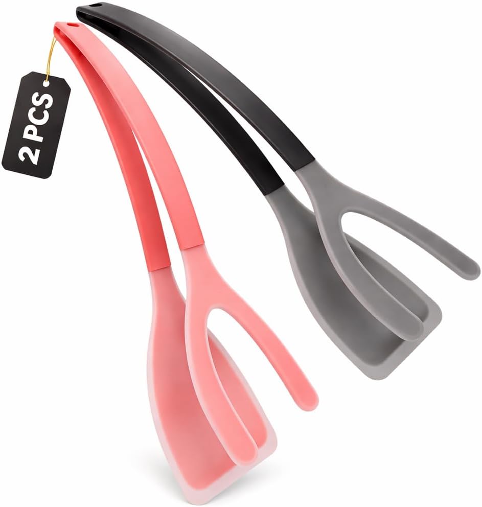 Silicone Spatula Tongs Set of 2 – 2-in-1 Heat Resistant Kitchen Tongs, Nonstick Cooking Utensils for Pancakes, Eggs, Fish, Burgers, Red & Black