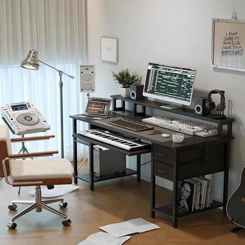 Xyphren Biurko z 2 szufladami, 120*50 cm Stół komputerowy Gaming stół z półką na klawiaturę, regulowaną boczną półką, podstawką pod monitor i gniazdkiem elektrycznym dla domowego biura i salonu,czarny