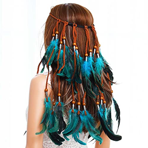 Gangel Hippe Feather Headband Gradient Blue Color Headpieces Boho Headbands Gypsy Hairband Feather Tassel Headdress Hemp Rope For Festival Masquerades Carnival Costume Hair Accessory For Women And Girls (Blue) #TOP1