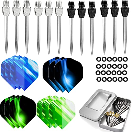 Ohaoduo 12pcs Edelstahl Dartpfeil-Spitzen Schwarz,Silber,Gold 2BA Steel dartpfeile Spitzen Metall，Steel Dart Tip + 12 pcs Dartpfeil-Flights und Dart gummiring in Aluminiumbox (12pcs yinzhen)