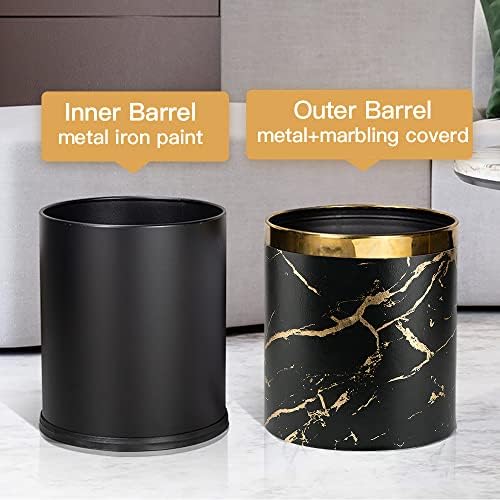 Metal Trash Can Waste Paper Bin with PU Leather Covered,Double Layer Trash Bin 10 liters Waste Bin for Bedroom Bathroom kitchen Living Room Office Hotel(Black Gold Marble)