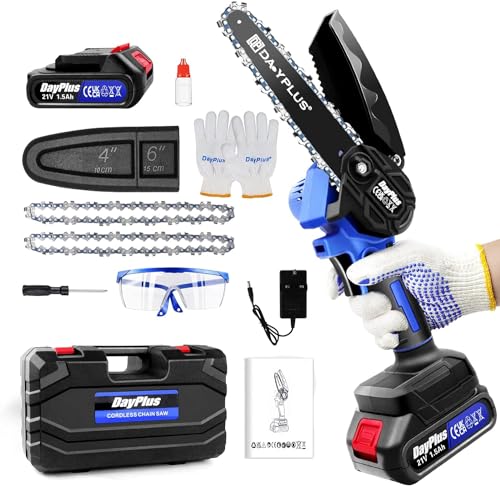 Tronçonneuse électrique super puissante et scie à bois à batterie avec aiguiseur - Outil de jardin avec une batterie Li-Ion et 2 chaînes, 2200W, longueur de la plaque de guidage de 15,2 cm