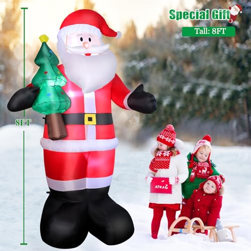 8FT Christmas Inflatable Santa Yard Decors, Blow Up Santa Claus with Christmas Tree in Hand & Green, Built-in Bright LED Lights for Holiday Display Lawn Garden Party Decorations