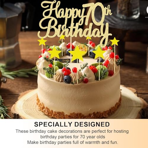 8 Pcs Gold Happy 70th Birthday Cake Topper - 1 Topper & 7 Star Cupcake Toppers, Glitter 70th Cake Topper for Anniversary Party Supplies - Image 2