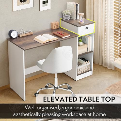 Image of ABOUT SPACE Study Table with Drawer - Computer Table with Bottom Storage Space DIY Engineered Wood Office Desk with 2 Adjustable Shelves for PC Laptop Gaming (White, Walnut - L 123 x B 45 x H 89 cm)