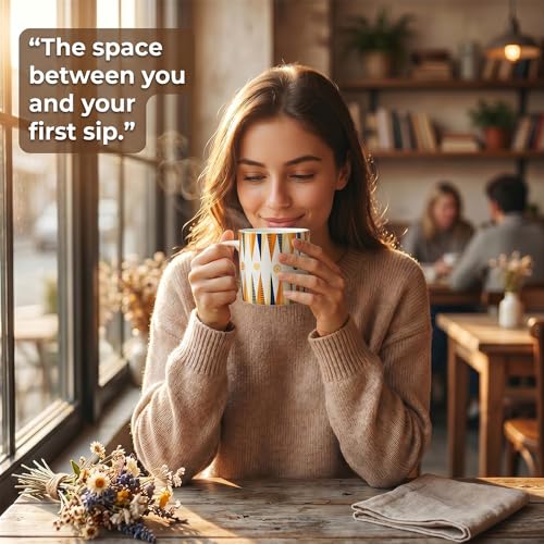 Image of UPC Coffee Mug Set of 6 | White Retro Geometric Triangle Print | Orange & Navy Blue Boho Pattern | Bone China Tea & Coffee Cups | Microwave Safe | Home & Kitchen