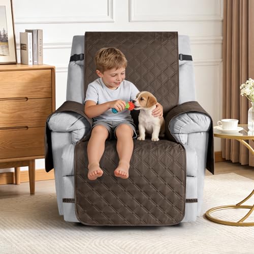 Image of TAOCOCO 100% Waterproof Recliner Covers, Recliner Sofa Covers with Leg Straps, Reversible Recliner Couch Cover for Reclining Chair, Washable Couch Protector for Pets Kids(1 Seater 28 inch, Brown)