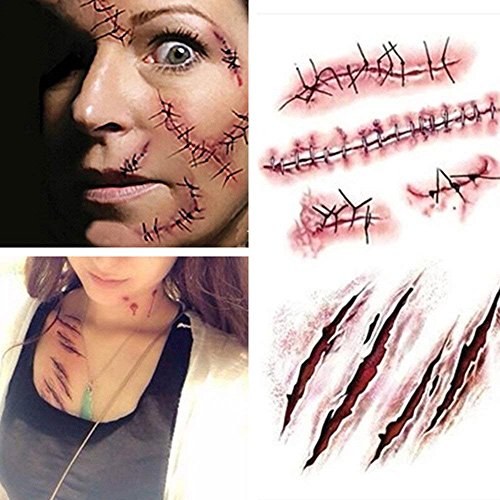 Hotop Cosplay Makeup Joke Scratch Wound Scab Blood Scar Tattoos Temporary Tattoo Sticker Wound Zombie Scars(10Pcs) #TOP21