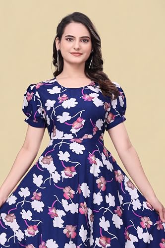 Image of Women's A-Line Crepe Maxi Dress | Stylish Fit and Flare Dress with Round Neck Short Puff Sleeves for Casual Wear
