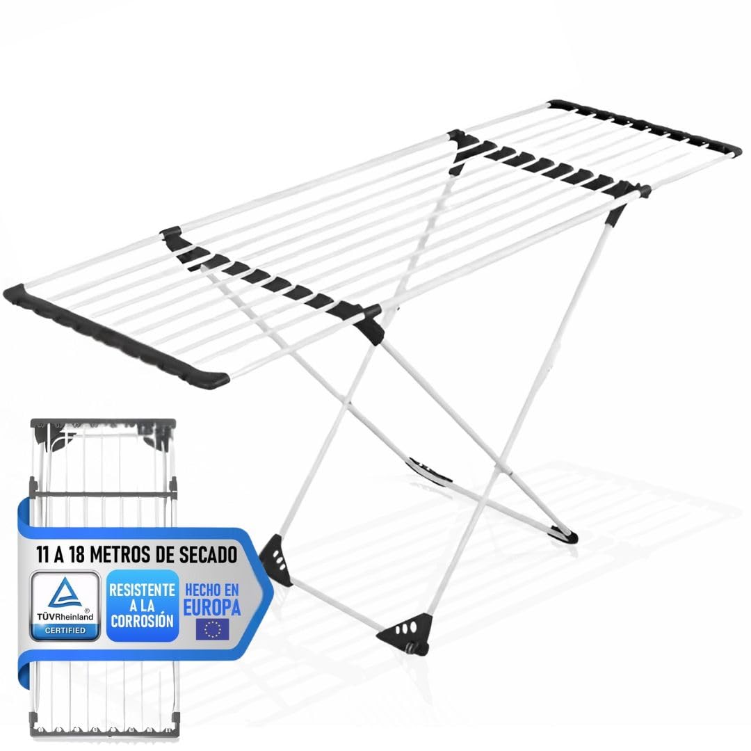 Tendedero Extensible y Plegable de Aluminio Resistente a la corrosión– Tenderete de Ropa Portátil con Capacidad de hasta 18 metros de Secado – Compacto y Resistente – Ideal Interior y Exterior
