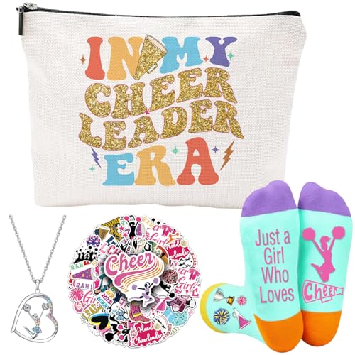 FJHAIY Cheerleader Gifts Set Including Makeup Bag, Necklace, Socks, Stickers - Cheerleading Lovers Gift for Women