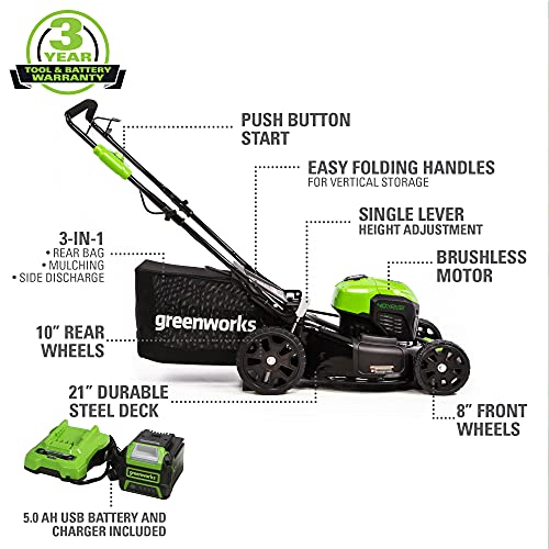 Greenworks 40V 21" Cordless Brushless Push Mower, 5.0Ah Usb Battery And Charger Included #TOP1