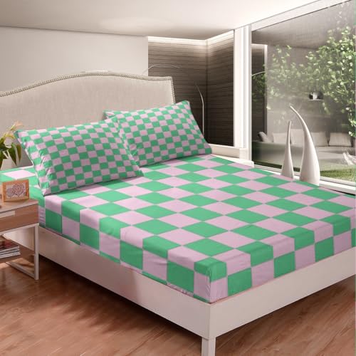 Image of Erosebridal Cute Plaid Bed Sheets Queen Pink Green Checkered Sheet Set Geometric Checkerboard Bedding Set for Kids Boys Girls,Aesthetic Grid Fitted Flat Sheets 4 Piece