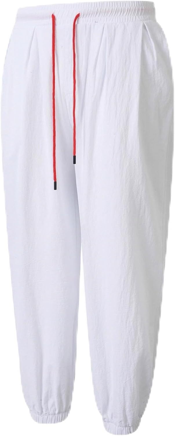 Cotton Linen Pants for Mens Casual Drawstring Thin Harem Pants Loose Bloomers Long Hippie Dance Trousers with Pocket