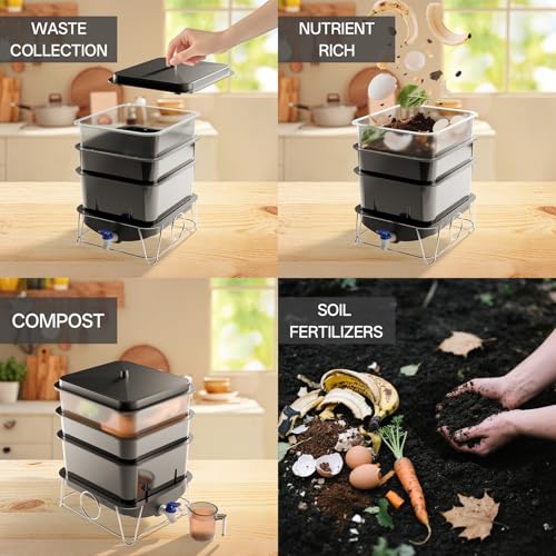 HCGADON 3-Tray 15L Worm Farm Composting Bin with Tool Set - Efficient Indoor/Outdoor Composter for Organic Waste Recycling, Beginner-Friendly Kit for Healthier Plants (Black) by HCGADON - Image 4