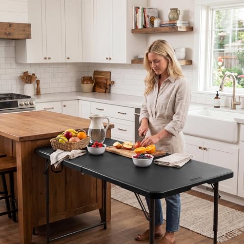 Image of Byliable Folding Table 4 Foot, Heavy Duty Portable Plastic Fold-in-Half Utility 4ft Folding Table with Carrying Handle for Indoor Outdoor, Camping Picnic Party, Black