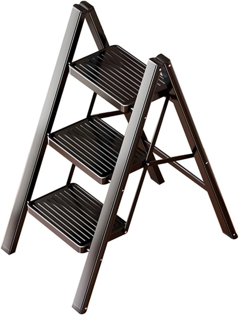 Multi-Purpose Folding Step Ladder Chair - Sturdy Carbon Steel Frame, 2/3 Layer Storage Rack & Flower Stand, No Assembly Required, Perfect for Bedroom & Library Use (Black, 68x61x68
