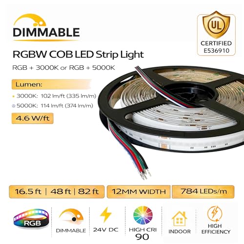 Tira de LED RGBW COB 24V 12mm Dimmable 3000K 16.5ft miniatura 3