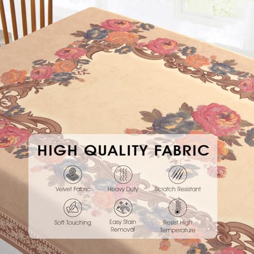 Image of Cloth Fusion Velvet Floral Dining Table Cloth 6 Seater, Dining Table Cover with Elegant Floral Pattern for Dining Room (60x90 Inch, Peach)
