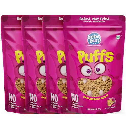 Image of BE'BE' BURP Healthy Puff Snacks | Ragi Masala Masti | Baked Puffs, Not Fried, Protein Snacks | No Maida & Gluten-Free | Travel-Friendly | 35gms Each (Pack of 4)