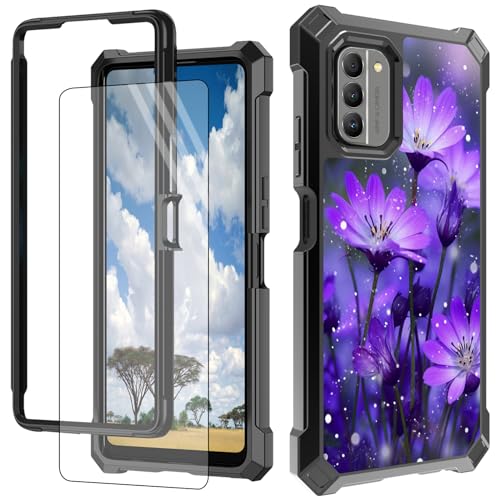 CGFGHHUY for Nokia G100 Case for Nokia C300 Phone Case with Screen Protector Hard PC + Soft TPU Shock Proof Protective Cover for Nokia G100/C300 6.52 inch - Purple Flower