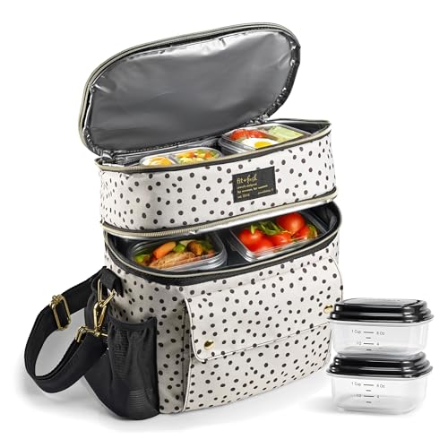 Fit & Fresh Westminster Dual-Compartment Insulated Lunch Bag for Women, Complete Lunch Set with 2 Containers, Double Deck Insulated Cooler Bag with Adjustable Strap, Black & White Polka Dots