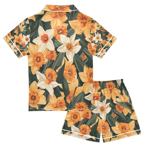 senya Flower Orange Satin Summer Pajama Sets Silk Short Sleeve Button Down Sleepwear2