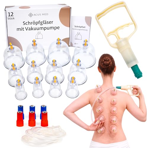 Schröpfgläser Set mit Vakuumpumpe 12 Stück - Schröpfset mit 6 Therapiemagneten - für Gesicht und Körper zur Gegen Cellulite Spannung und Entspannen Muskeln