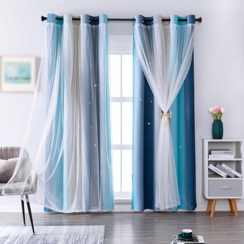 Image of indistar Star Blackout Curtains for Girls Kids Bedroom, Colourful Stripe Window Curtain Panels, 2 Layer Lace Drapes, Room Darkening Curtain for Living Room Decor, 1 Panel(Blue W52 x L95 inch)